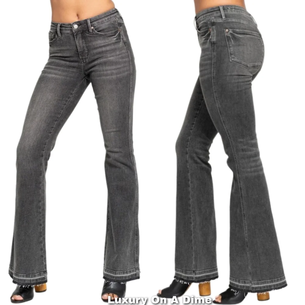 Judy Blue Tummy Control Mid-Rise Slim Fit Flare Leg Raw Hem Pants Denim Jeans